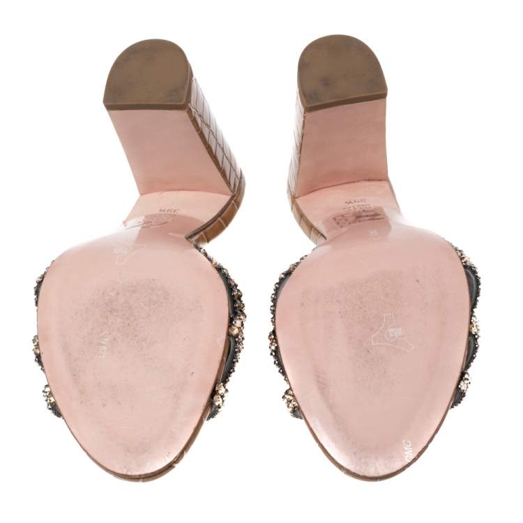 Pre Owned Gina Brown Crystal Embellished Leather Block Heel Slide Sandals Size 39.5