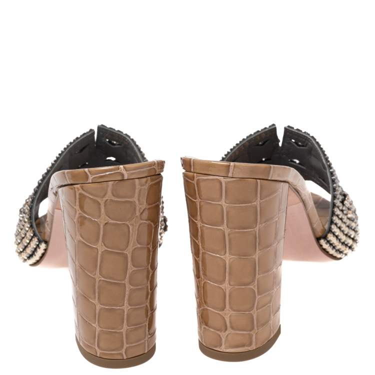 Pre Owned Gina Brown Crystal Embellished Leather Block Heel Slide Sandals Size 39.5