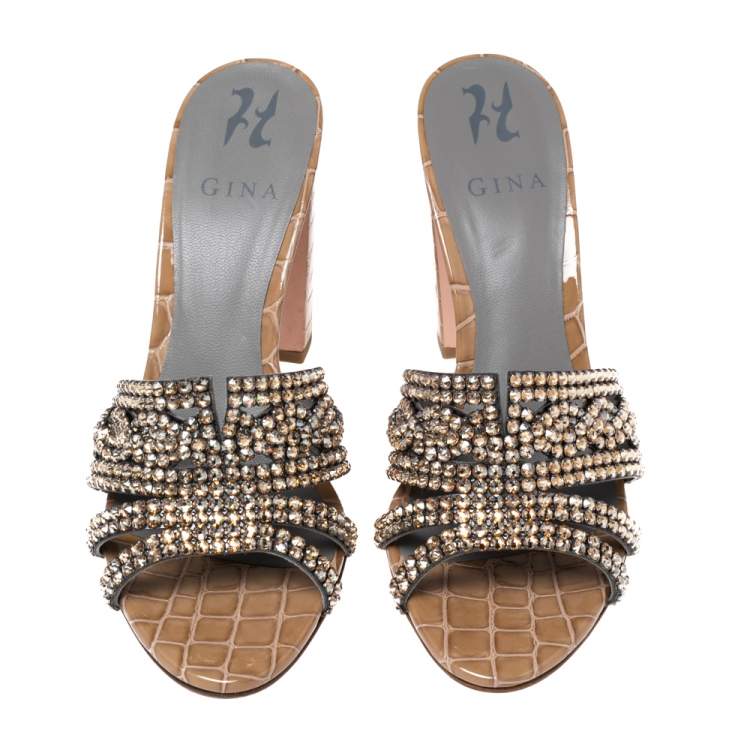 Pre Owned Gina Brown Crystal Embellished Leather Block Heel Slide Sandals Size 39.5