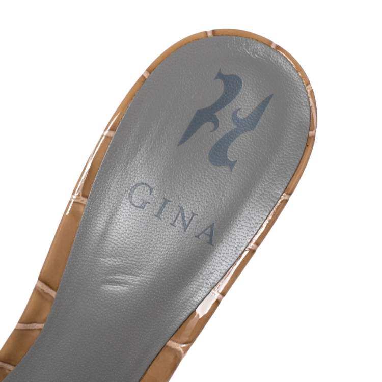 Pre Owned Gina Brown Crystal Embellished Leather Block Heel Slide Sandals Size 39.5