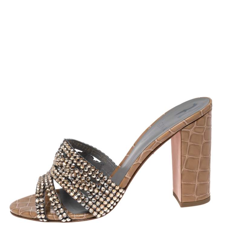 Pre Owned Gina Brown Crystal Embellished Leather Block Heel Slide Sandals Size 39.5