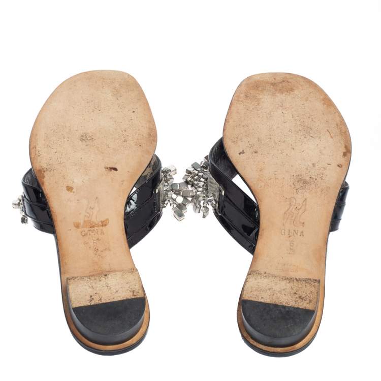 مملوكة مسبقًا Gina  Black Patent Leather Crystal Embellished Slide Sandals Size 39