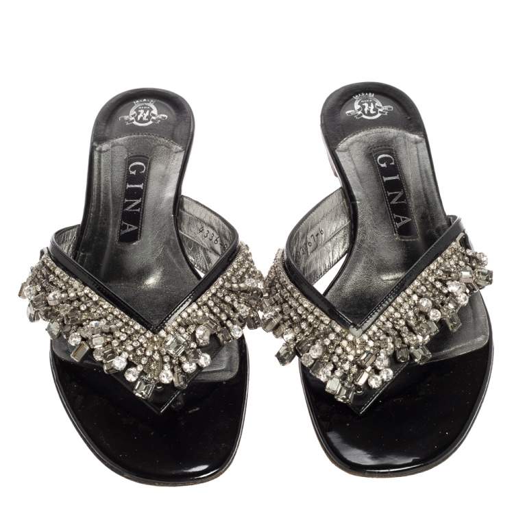 مملوكة مسبقًا Gina  Black Patent Leather Crystal Embellished Slide Sandals Size 39
