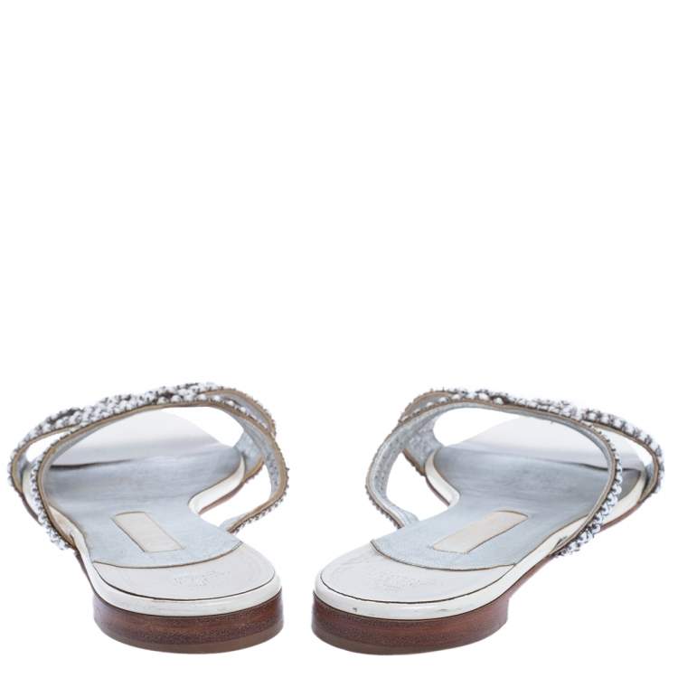 Pre Owned Gina White Leather Crystal Embellished Flat Slides Size 39.5