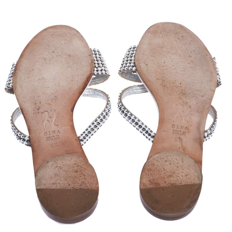Pre Owned Gina White Leather Crystal Embellished Flat Slides Size 39.5