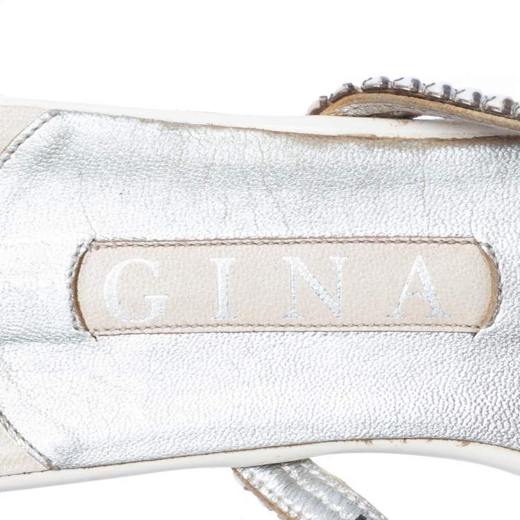 Pre Owned Gina White Leather Crystal Embellished Flat Slides Size 39.5