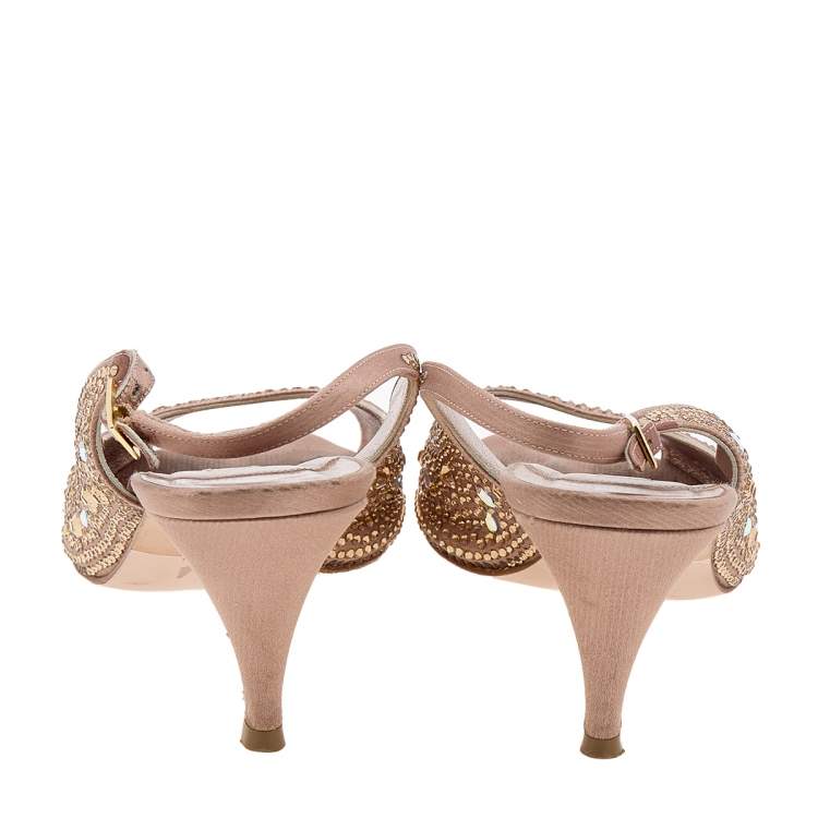 Pre Owned Gina Pink Satin Crystal Embellished Peep Toe Slingback Sandals Size 40.5 