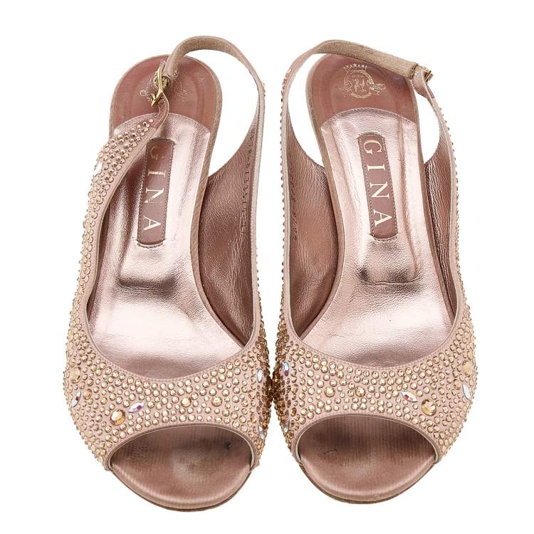 Pre Owned Gina Pink Satin Crystal Embellished Peep Toe Slingback Sandals Size 40.5 