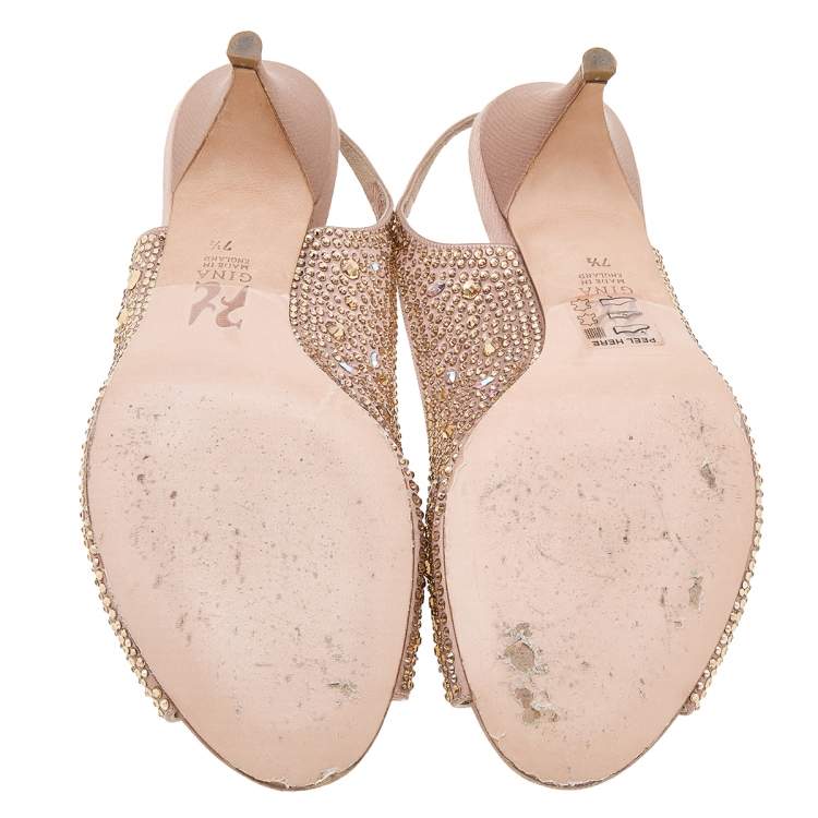 Pre Owned Gina Pink Satin Crystal Embellished Peep Toe Slingback Sandals Size 40.5 