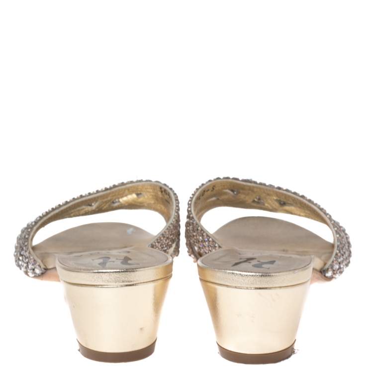 Pre Owned Gina Gold Leather Crystal Embellished Block Heel Slides Size 38