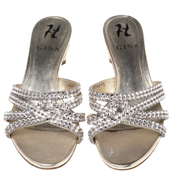 Pre Owned Gina Gold Leather Crystal Embellished Block Heel Slides Size 38