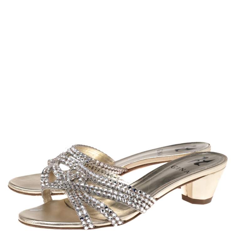 Pre Owned Gina Gold Leather Crystal Embellished Block Heel Slides Size 38