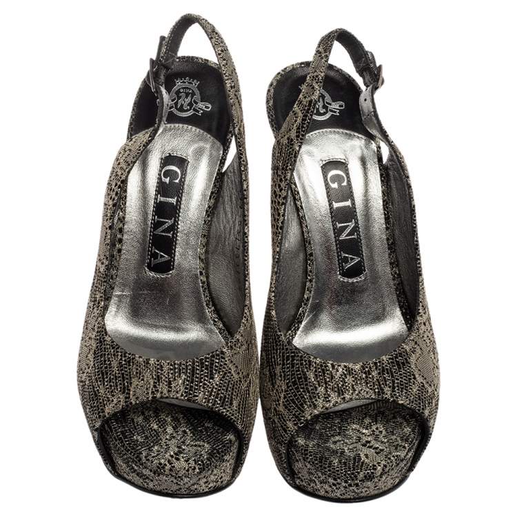 Pre Owned Gina Metallic Bronze Lurex Fabric Platform Slingback Pumps Size 37