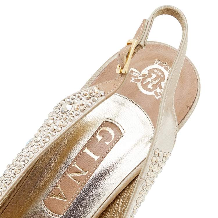 Pre Owned Gina Beige Satin Crystal Embellished Peep Toe Slingback Platform Sandals Size 40