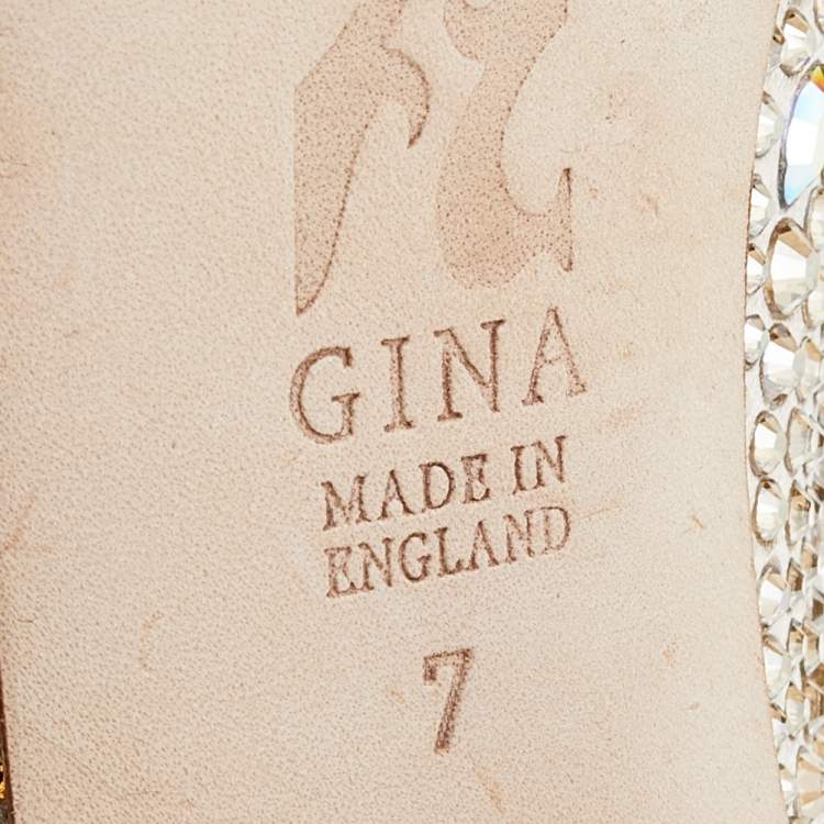 Pre Owned Gina Beige Satin Crystal Embellished Peep Toe Slingback Platform Sandals Size 40