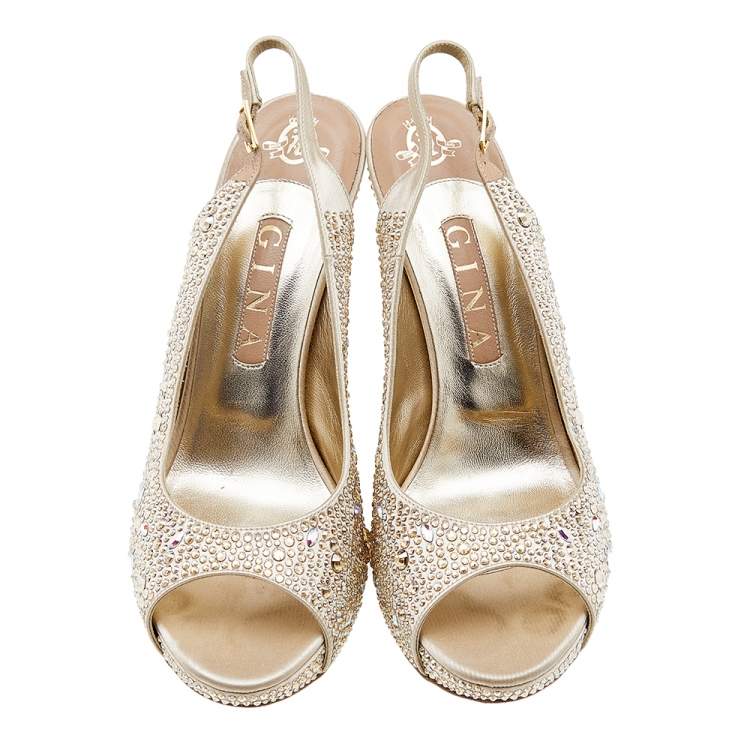 Pre Owned Gina Beige Satin Crystal Embellished Peep Toe Slingback Platform Sandals Size 40