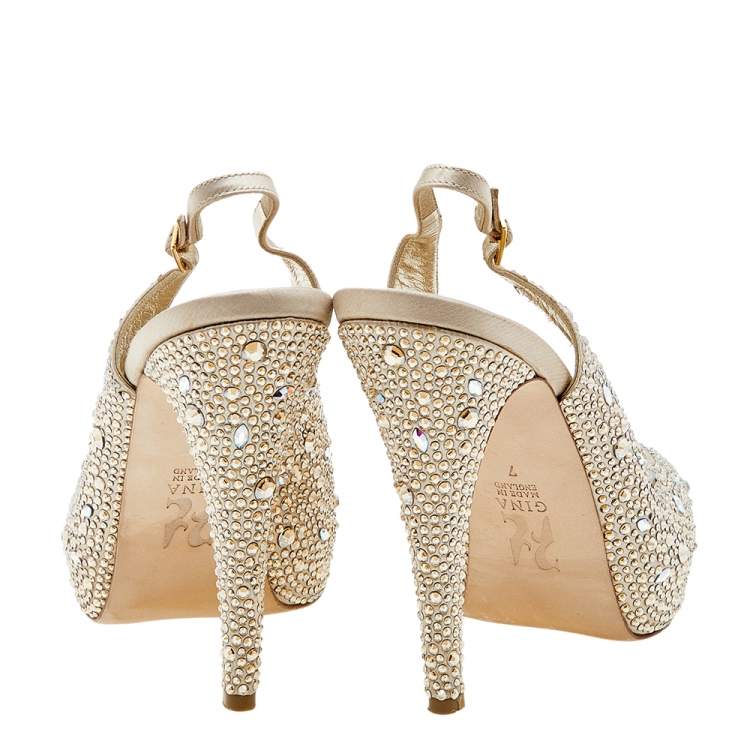 Pre Owned Gina Beige Satin Crystal Embellished Peep Toe Slingback Platform Sandals Size 40