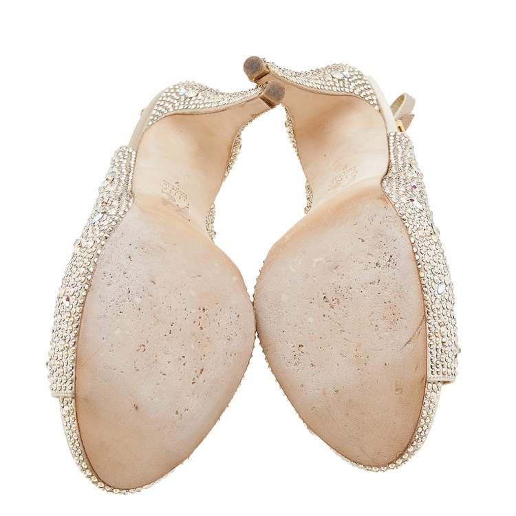 Pre Owned Gina Beige Satin Crystal Embellished Peep Toe Slingback Platform Sandals Size 40