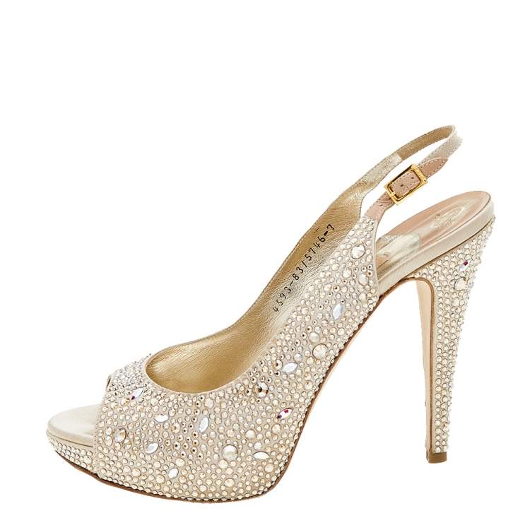 Pre Owned Gina Beige Satin Crystal Embellished Peep Toe Slingback Platform Sandals Size 40