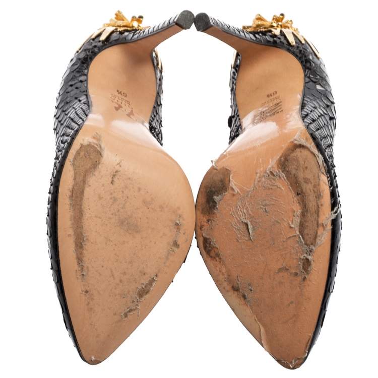 Pre Owned Gina Black Python Embellished Heel Pointed Toe Pumps Size 39.5