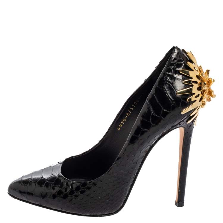 Pre Owned Gina Black Python Embellished Heel Pointed Toe Pumps Size 39.5