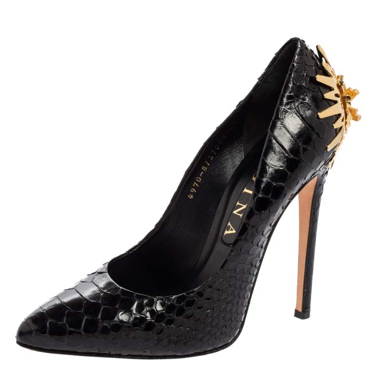 Pre Owned Gina Black Python Embellished Heel Pointed Toe Pumps Size 39.5
