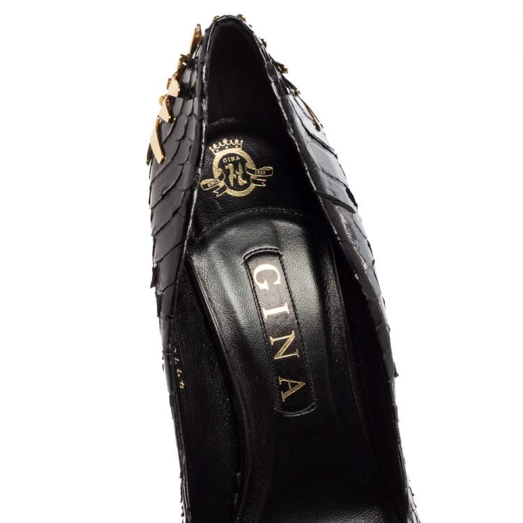 Pre Owned Gina Black Python Embellished Heel Pointed Toe Pumps Size 39.5
