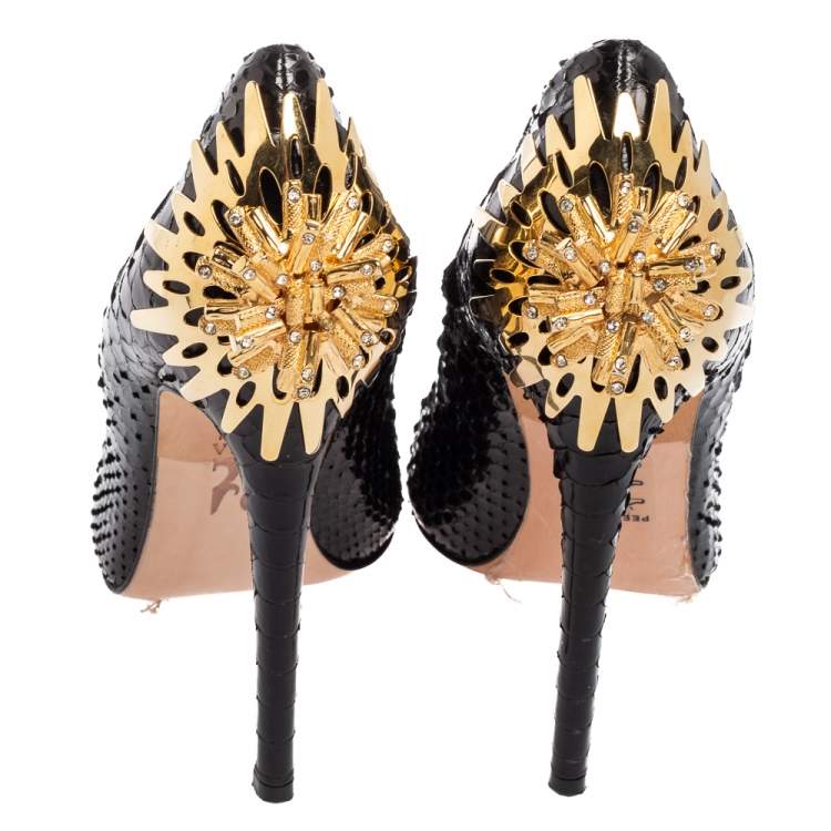 Pre Owned Gina Black Python Embellished Heel Pointed Toe Pumps Size 39.5