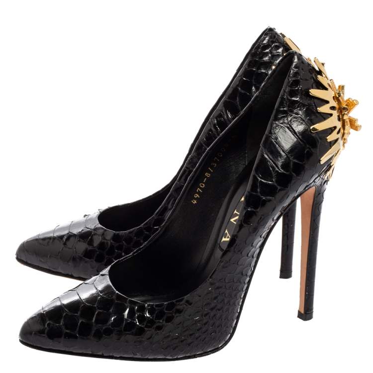 Pre Owned Gina Black Python Embellished Heel Pointed Toe Pumps Size 39.5