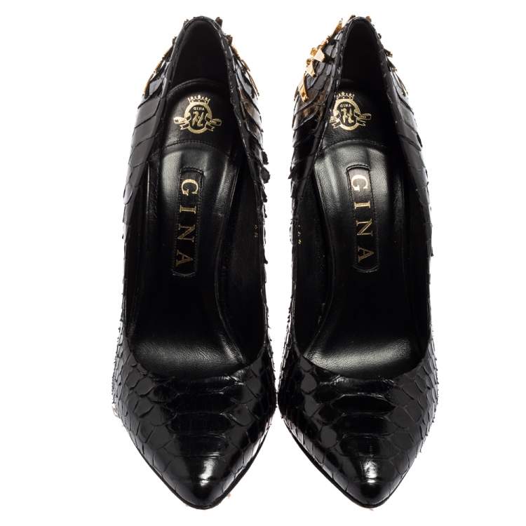 Pre Owned Gina Black Python Embellished Heel Pointed Toe Pumps Size 39.5