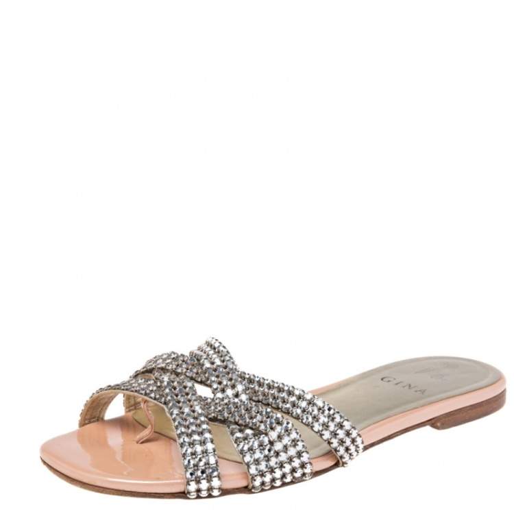 Pre Owned Gina Beige Patent Crystal Embellished Slip On Slides Size 38