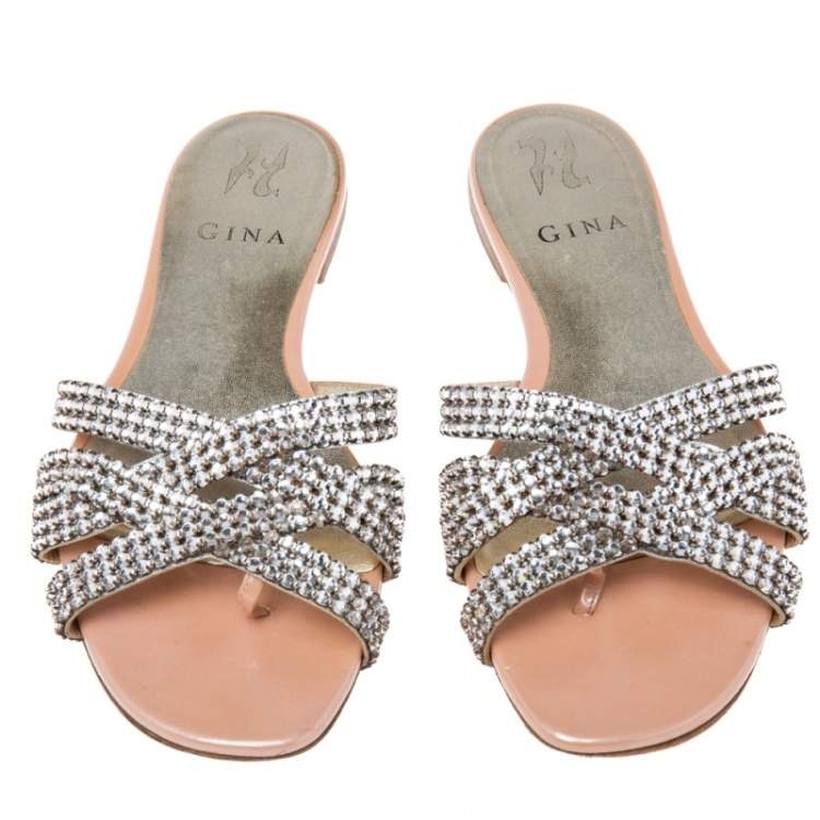 Pre Owned Gina Beige Patent Crystal Embellished Slip On Slides Size 38
