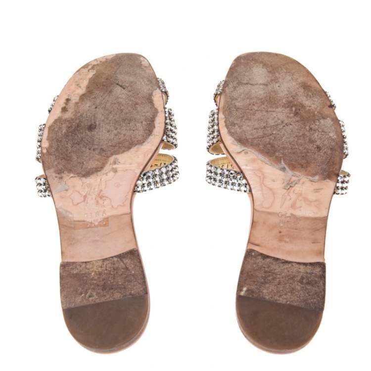 Pre Owned Gina Beige Patent Crystal Embellished Slip On Slides Size 38