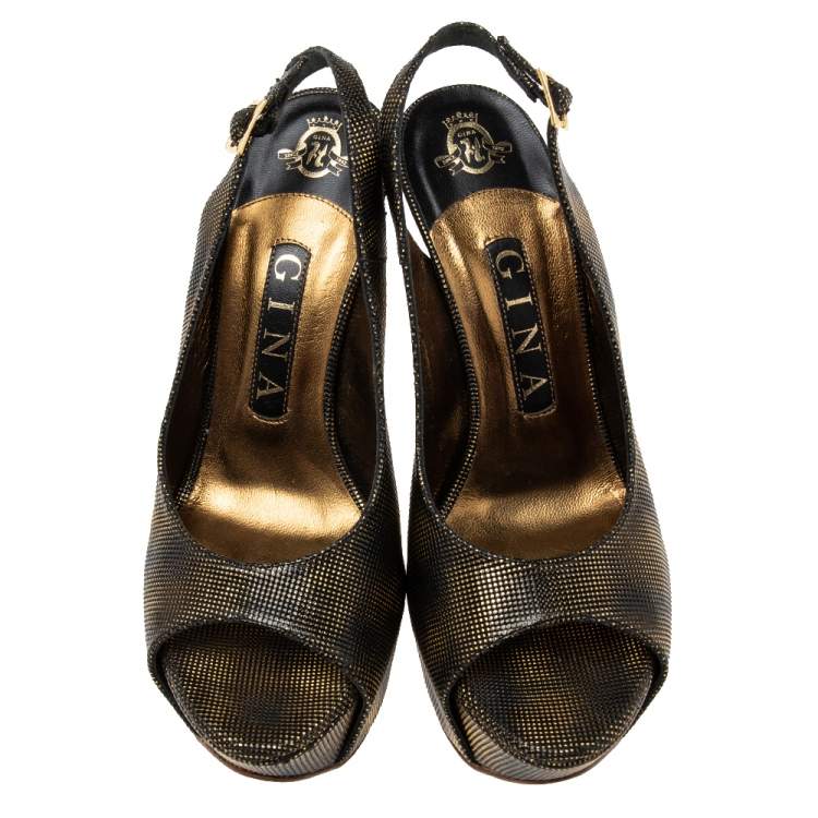 Pre Owned Gina Metallic Bronze/Black Texture Leather Peep Toe Platform Slingback Pumps  Size 37