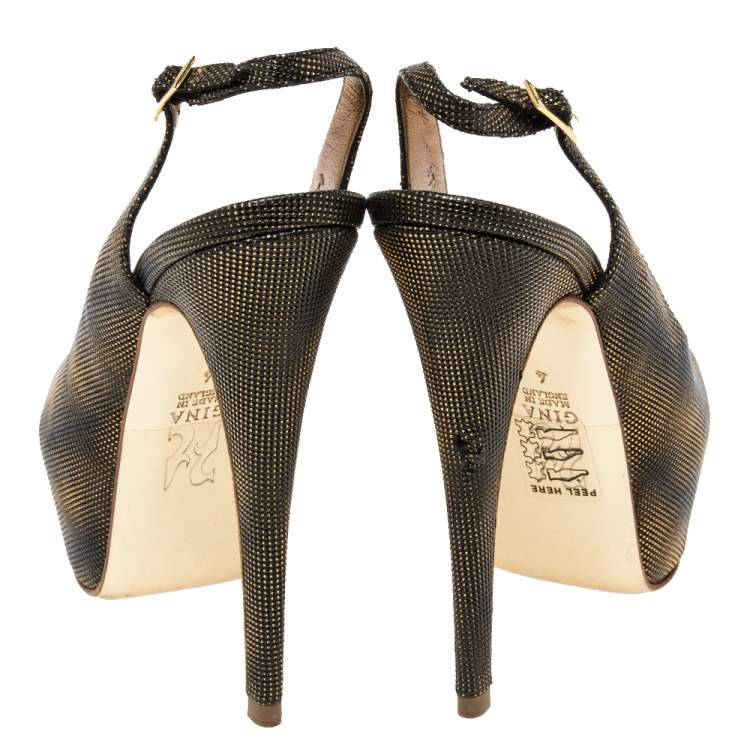 Pre Owned Gina Metallic Bronze/Black Texture Leather Peep Toe Platform Slingback Pumps  Size 37