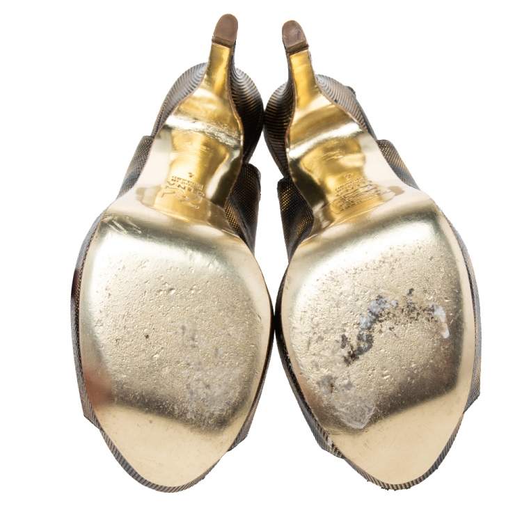 Pre Owned Gina Metallic Bronze/Black Texture Leather Peep Toe Platform Slingback Pumps  Size 37