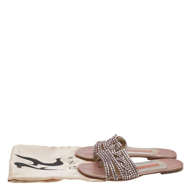 Pre Owned Gina Pink Crystal Embellished Leather Thong Flat Slides Size 37