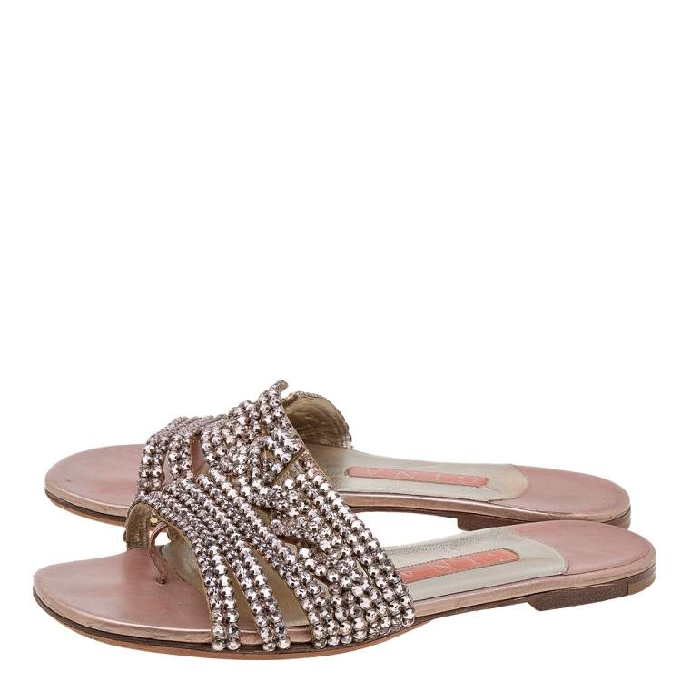 Pre Owned Gina Pink Crystal Embellished Leather Thong Flat Slides Size 37