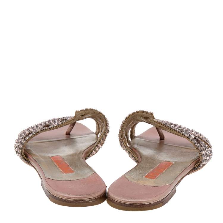 Pre Owned Gina Pink Crystal Embellished Leather Thong Flat Slides Size 37