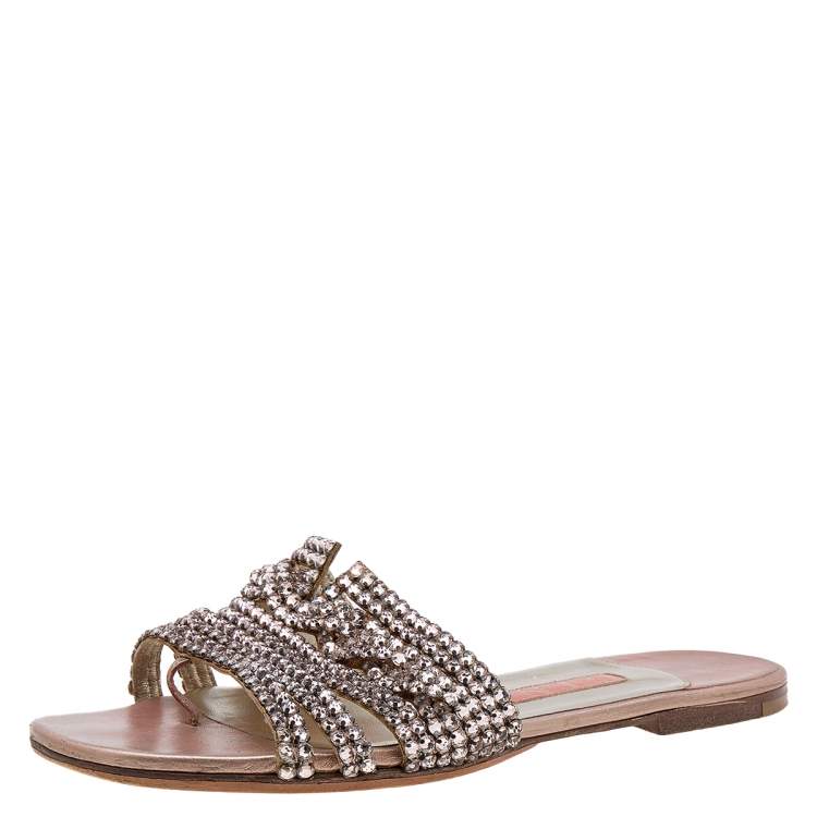 Gina Pink Crystal Embellished Leather Thong Flat Slides Size 37 Gina ...