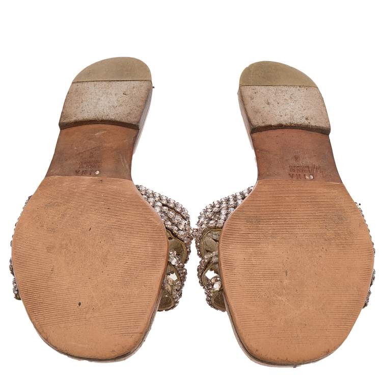 Pre Owned Gina Pink Crystal Embellished Leather Thong Flat Slides Size 37