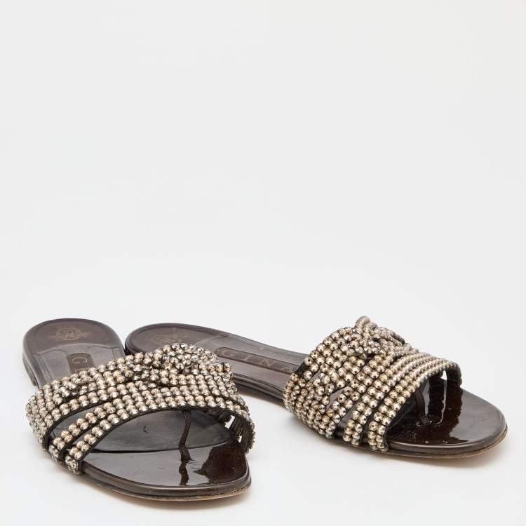 Pre Owned Gina Brown Leather Crystal Embellished Flat Sandals Size 38.5