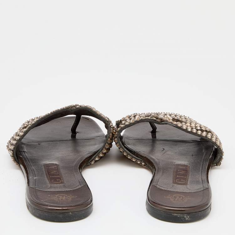 Pre Owned Gina Brown Leather Crystal Embellished Flat Sandals Size 38.5