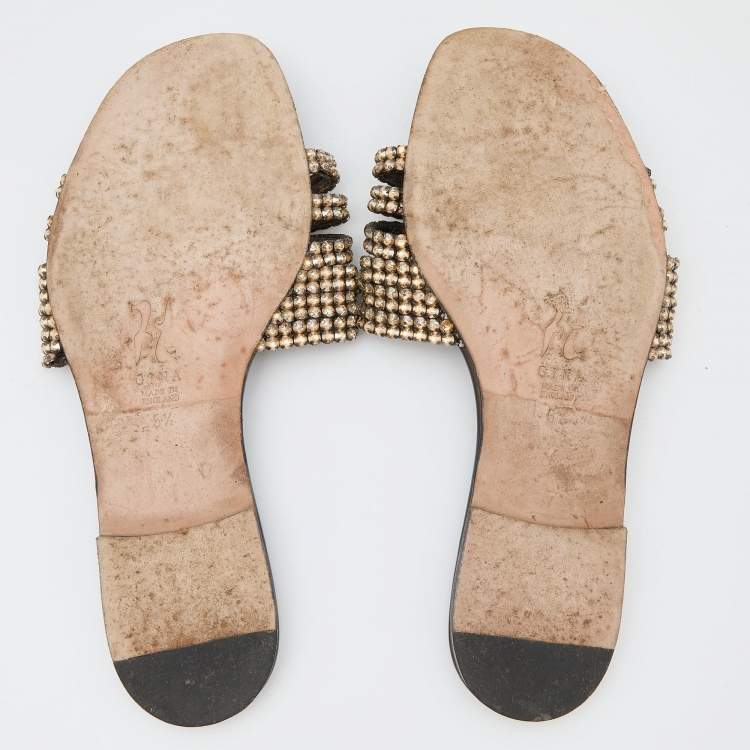 Pre Owned Gina Brown Leather Crystal Embellished Flat Sandals Size 38.5