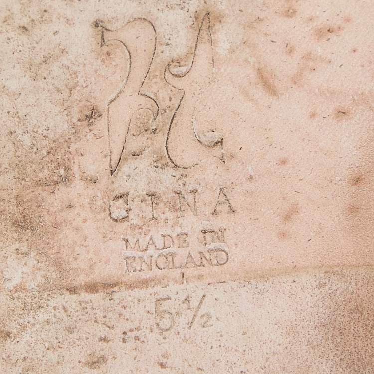 Pre Owned Gina Brown Leather Crystal Embellished Flat Sandals Size 38.5