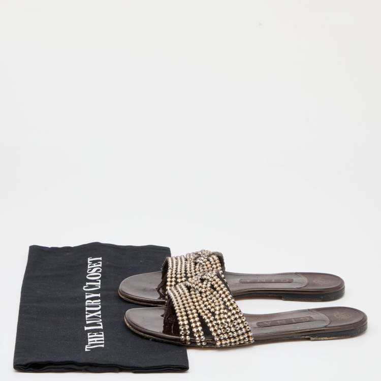 Pre Owned Gina Brown Leather Crystal Embellished Flat Sandals Size 38.5