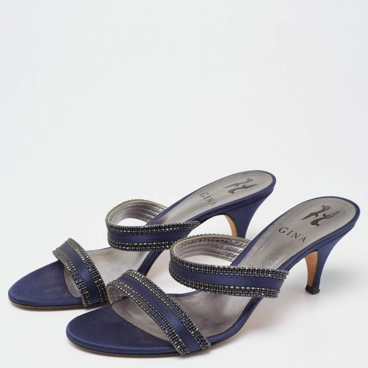 مملوكة مسبقًا Gina Navy Blue Crystal Embellished Satin Slide Sandals Size 39