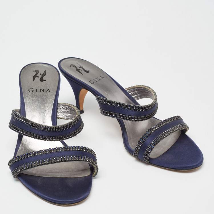 مملوكة مسبقًا Gina Navy Blue Crystal Embellished Satin Slide Sandals Size 39