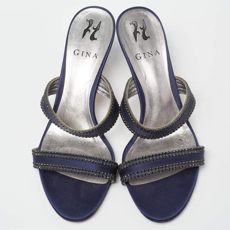 مملوكة مسبقًا Gina Navy Blue Crystal Embellished Satin Slide Sandals Size 39