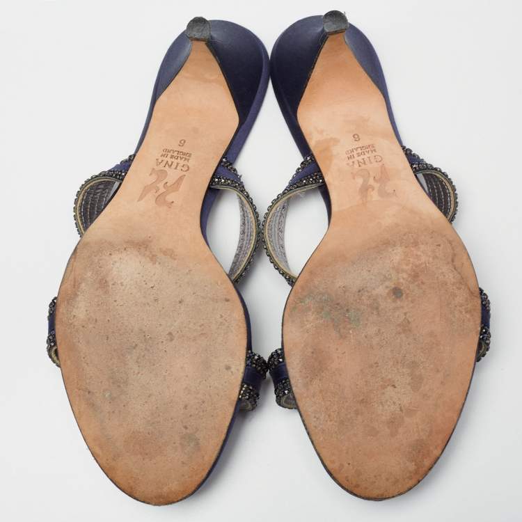 مملوكة مسبقًا Gina Navy Blue Crystal Embellished Satin Slide Sandals Size 39